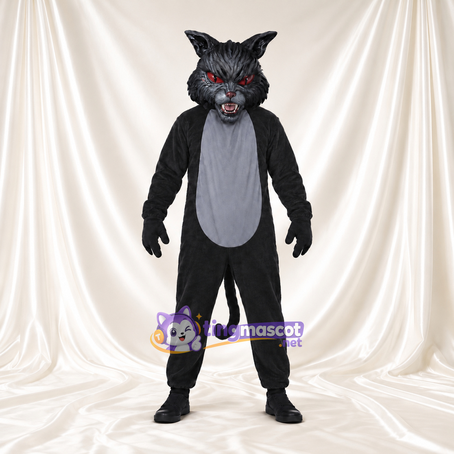 Costume de mascotte Chat – noir – Yeux (rouge); Ventre (gris) Costume de mascotte Chat – noir – Yeux (rouge); Ventre (gris)