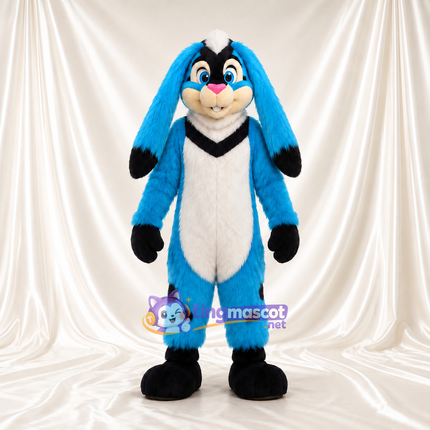 Blue Rabbit Mascot Costume - Long Black-Tipped Ears and White Belly Blue Rabbit Mascot Costume - Long Black-Tipped Ears and White Belly