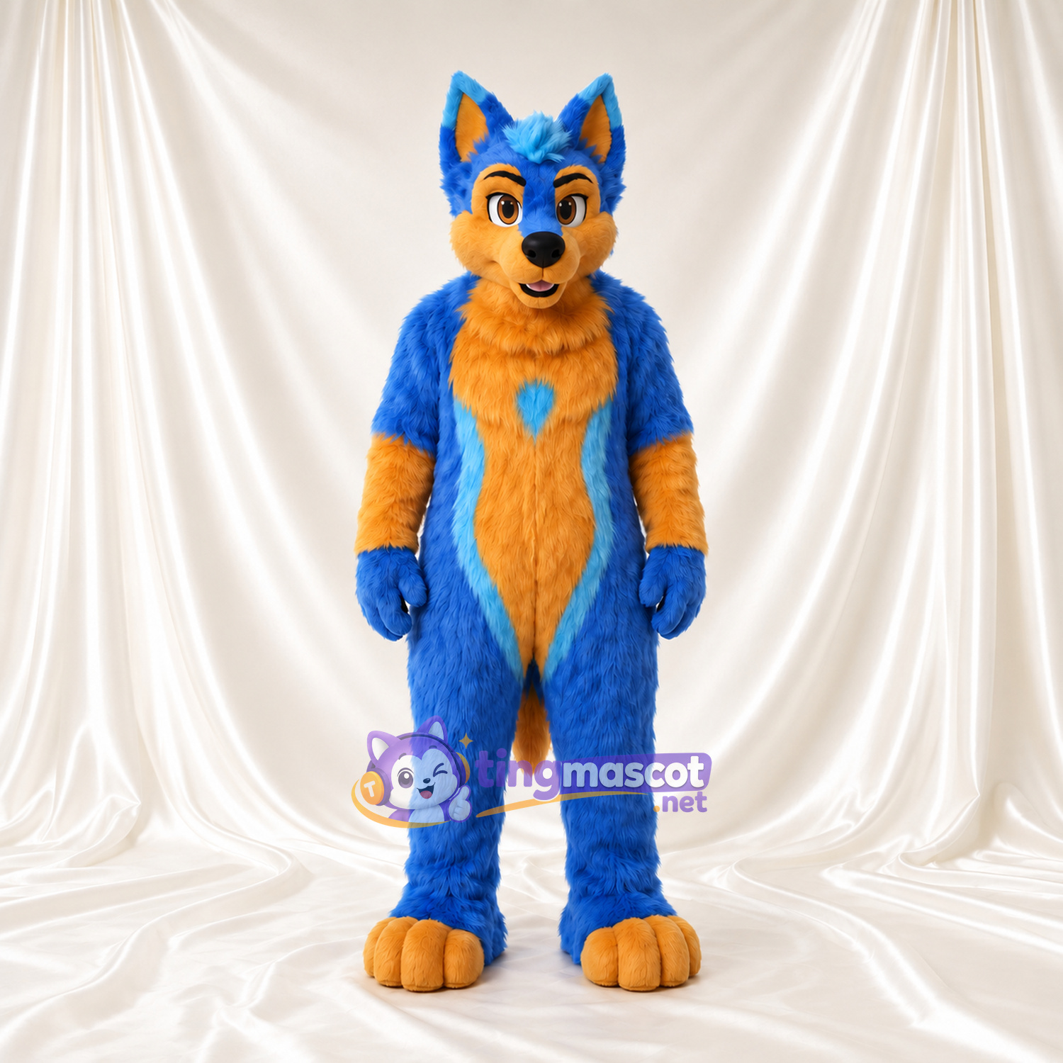 Costume de mascotte Loup – bleu – Torse (doré); Pattes (doré) Costume de mascotte Loup – bleu – Torse (doré); Pattes (doré)