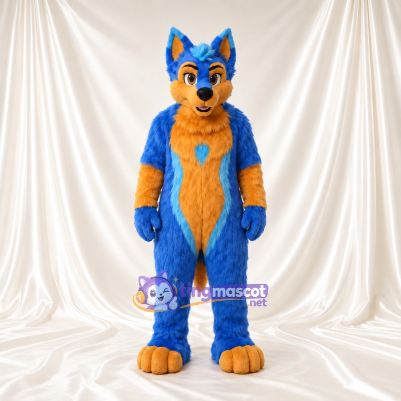 Costume de mascotte Loup – bleu – Torse (doré); Pattes (doré) Costume de mascotte Loup – bleu – Torse (doré); Pattes (doré)