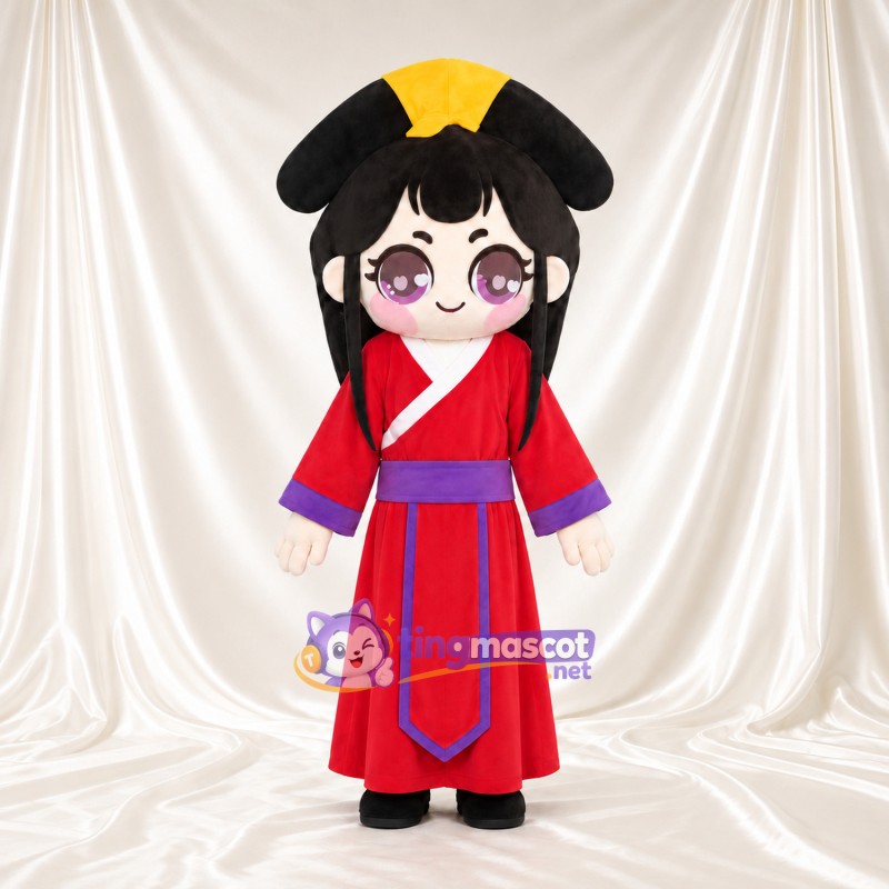 Anime Girl Mascot Costume - Red Robe and Purple Sash Anime Girl Mascot Costume - Red Robe and Purple Sash