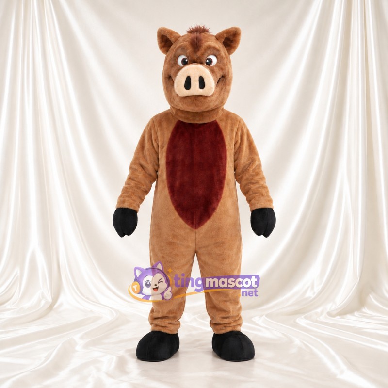 Maskottchenkostüm Wildschwein – braun – Bauch (bordeauxrot); Schnauze (creme) Maskottchenkostüm Wildschwein – braun – Bauch (bordeauxrot); Schnauze (creme)
