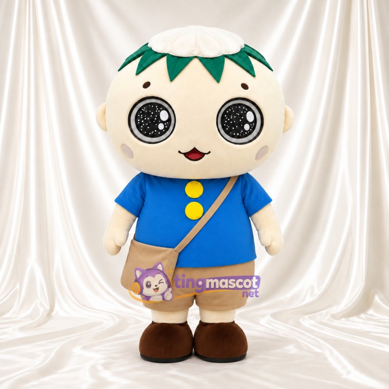 Costume de mascotte Personnage rond – blanc – Feuille (vert); Couronne; Chemise (bleu) Costume de mascotte Personnage rond – blanc – Feuille (vert); Couronne; Chemise (bleu)