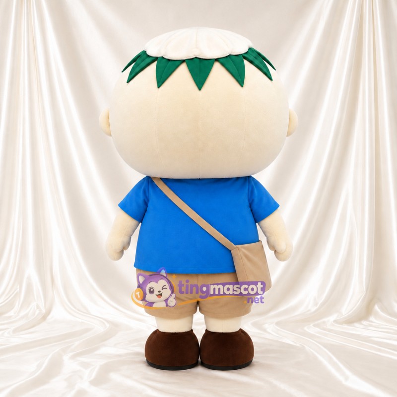 Costume de mascotte Personnage rond – blanc – Feuille (vert); Couronne; Chemise (bleu) Costume de mascotte Personnage rond – blanc – Feuille (vert); Couronne; Chemise (bleu)