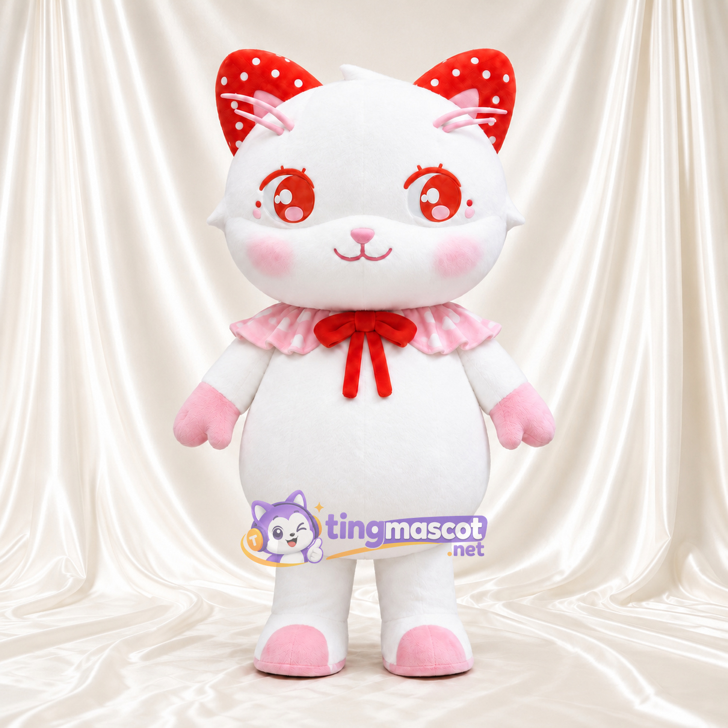 Costume de mascotte Chat – blanc – Nœud (rouge); Pattes (rose) Costume de mascotte Chat – blanc – Nœud (rouge); Pattes (rose)