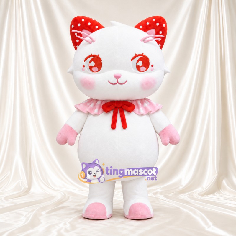 Costume de mascotte Chat – blanc – Nœud (rouge); Pattes (rose) Costume de mascotte Chat – blanc – Nœud (rouge); Pattes (rose)