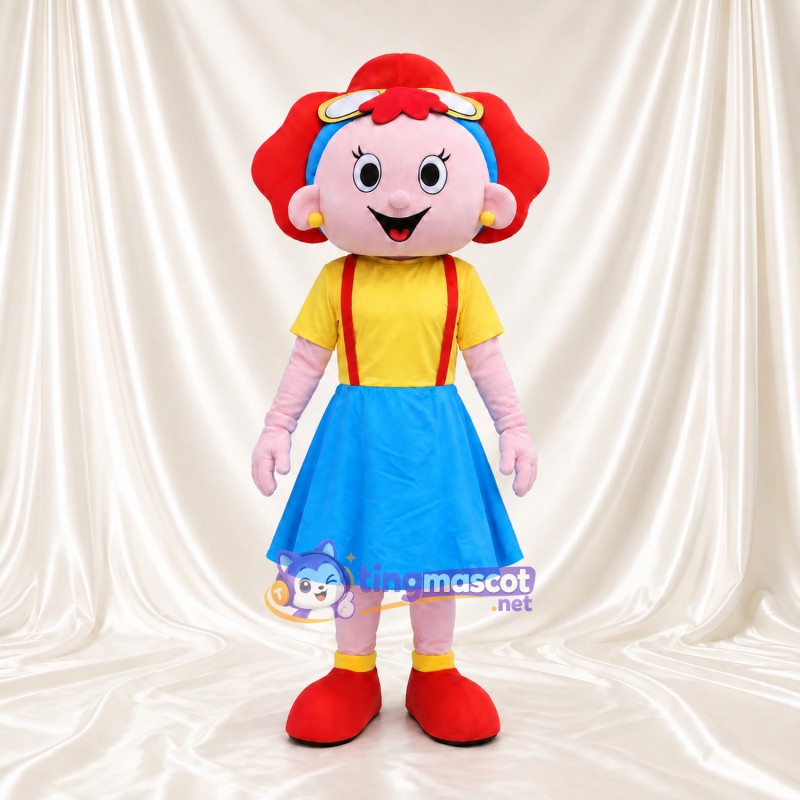 Costume de mascotte Fille – rouge – Lunettes de protection; Chemise (jaune); Jupe (bleu)