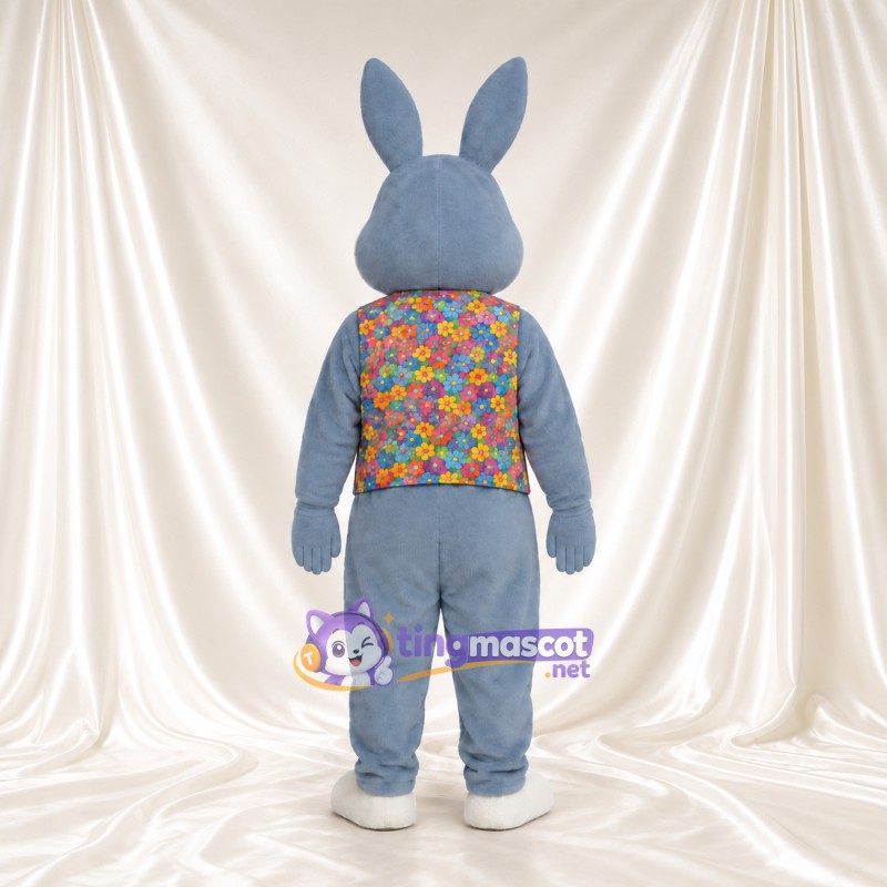 Maskottchenkostüm Hase – blau / grau – Weste (bunt, mit Blumenmuster) Maskottchenkostüm Hase – blau / grau – Weste (bunt, mit Blumenmuster)