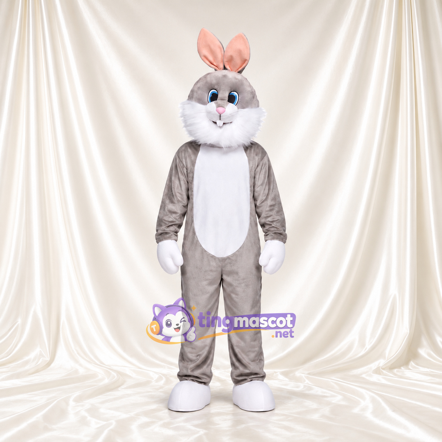 Costume de mascotte Lapin – gris – Joues (blanc); Oreille (rose); Nœud Costume de mascotte Lapin – gris – Joues (blanc); Oreille (rose); Nœud