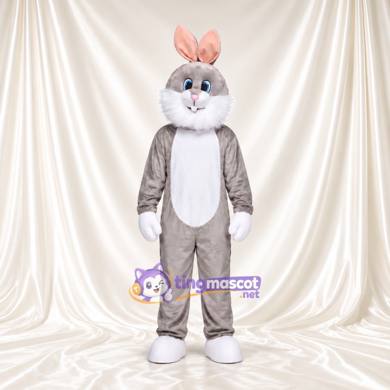Costume de mascotte Lapin – gris – Joues (blanc); Oreille (rose); Nœud