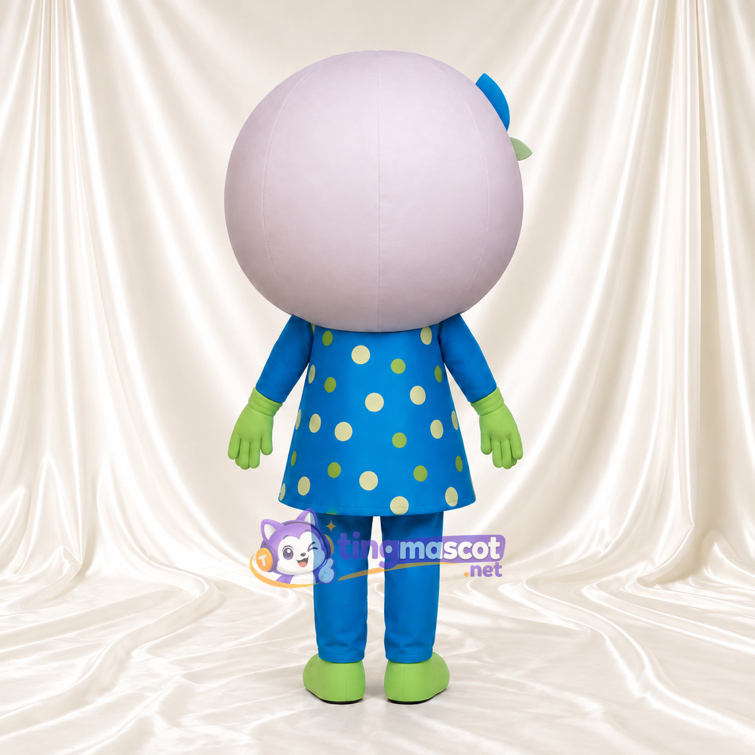 Maskottchenkostüm Mädchenfigur – wie abgebildet – Helm (rund); Kleid (blau, gepunktet) Maskottchenkostüm Mädchenfigur – wie abgebildet – Helm (rund); Kleid (blau, gepunktet)