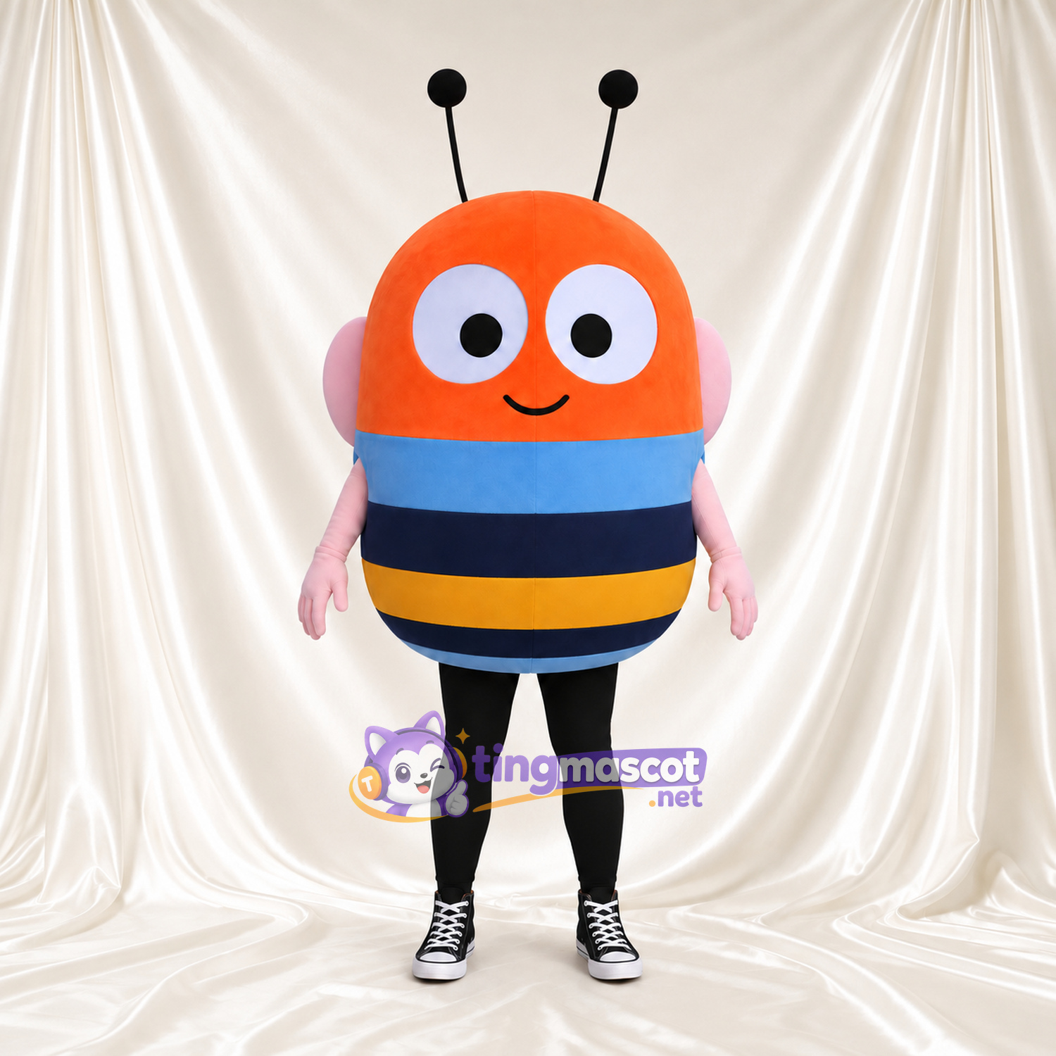 Costume de mascotte Abeille – orange / bleu – Corps rayé; Antennes (noir) Costume de mascotte Abeille – orange / bleu – Corps rayé; Antennes (noir)