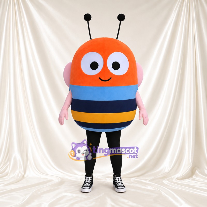 Costume de mascotte Abeille – orange / bleu – Corps rayé; Antennes (noir)