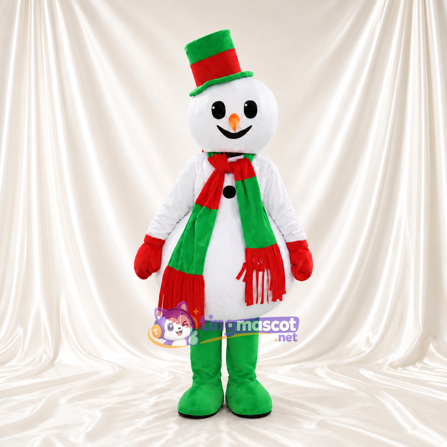 Maskottchenkostüm Schneemann – wie abgebildet – Hut (grün); Schal (rot, grün) Maskottchenkostüm Schneemann – wie abgebildet – Hut (grün); Schal (rot, grün)