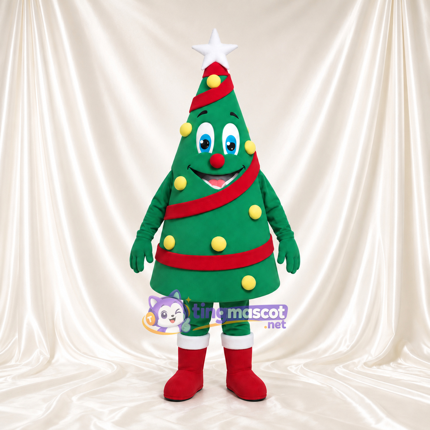 Christmas Tree Mascot Costume - White Star and Red Garland Christmas Tree Mascot Costume - White Star and Red Garland