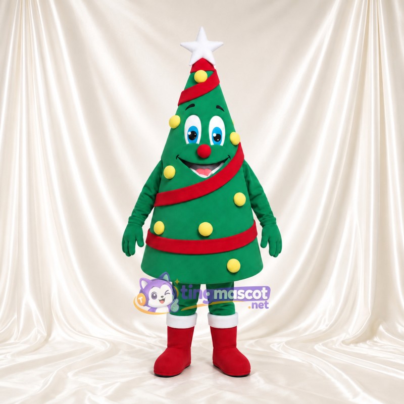 Christmas Tree Mascot Costume - White Star and Red Garland Christmas Tree Mascot Costume - White Star and Red Garland