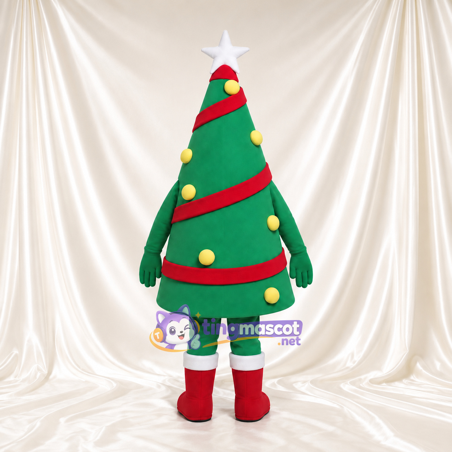 Christmas Tree Mascot Costume - White Star and Red Garland Christmas Tree Mascot Costume - White Star and Red Garland