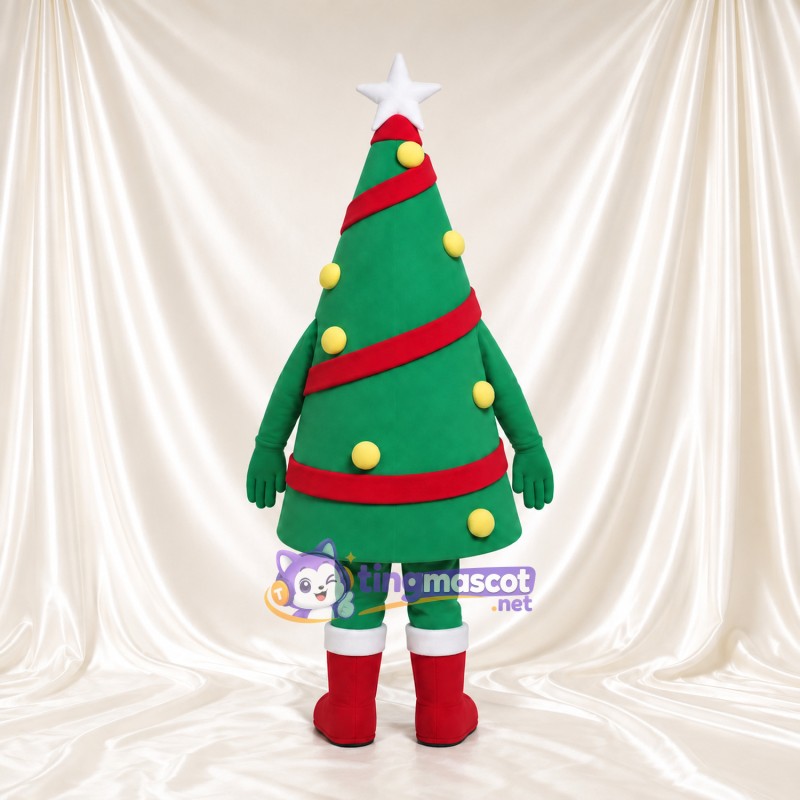 Christmas Tree Mascot Costume - White Star and Red Garland Christmas Tree Mascot Costume - White Star and Red Garland
