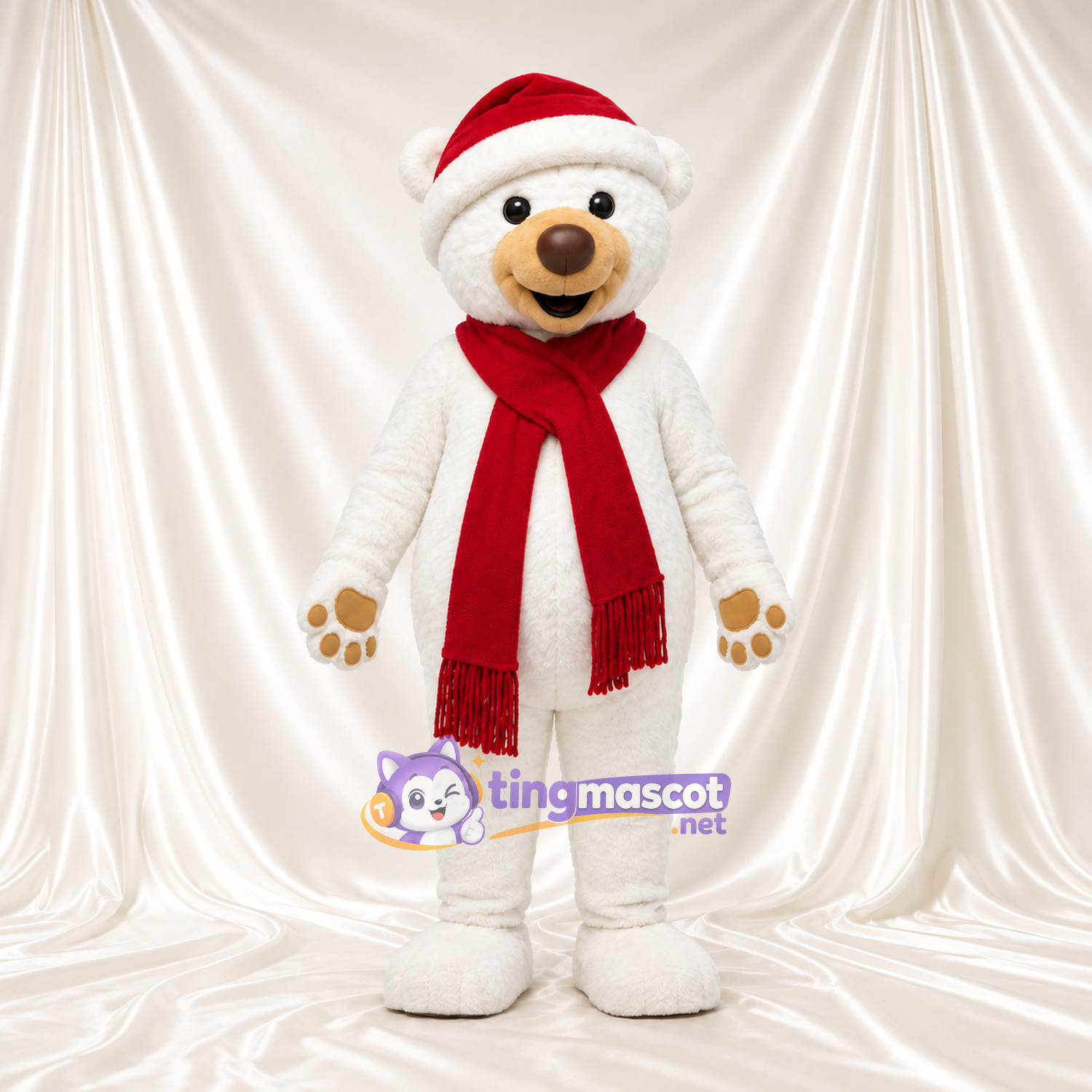 Maskottchenkostüm Bär – weiß – Weihnachtsmütze; Schal (lang, rot) Maskottchenkostüm Bär – weiß – Weihnachtsmütze; Schal (lang, rot)