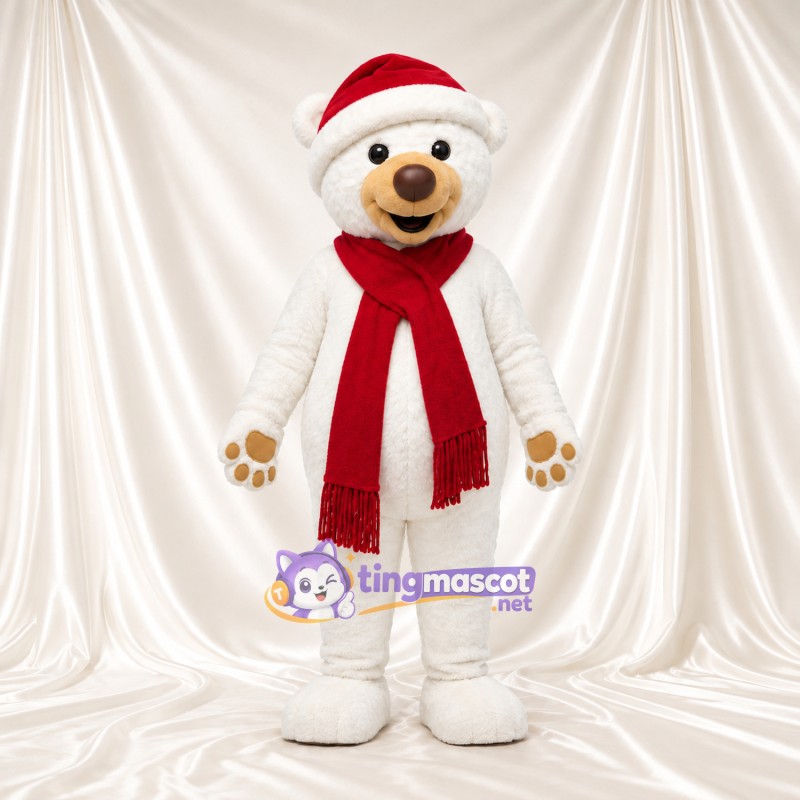 Maskottchenkostüm Bär – weiß – Weihnachtsmütze; Schal (lang, rot) Maskottchenkostüm Bär – weiß – Weihnachtsmütze; Schal (lang, rot)