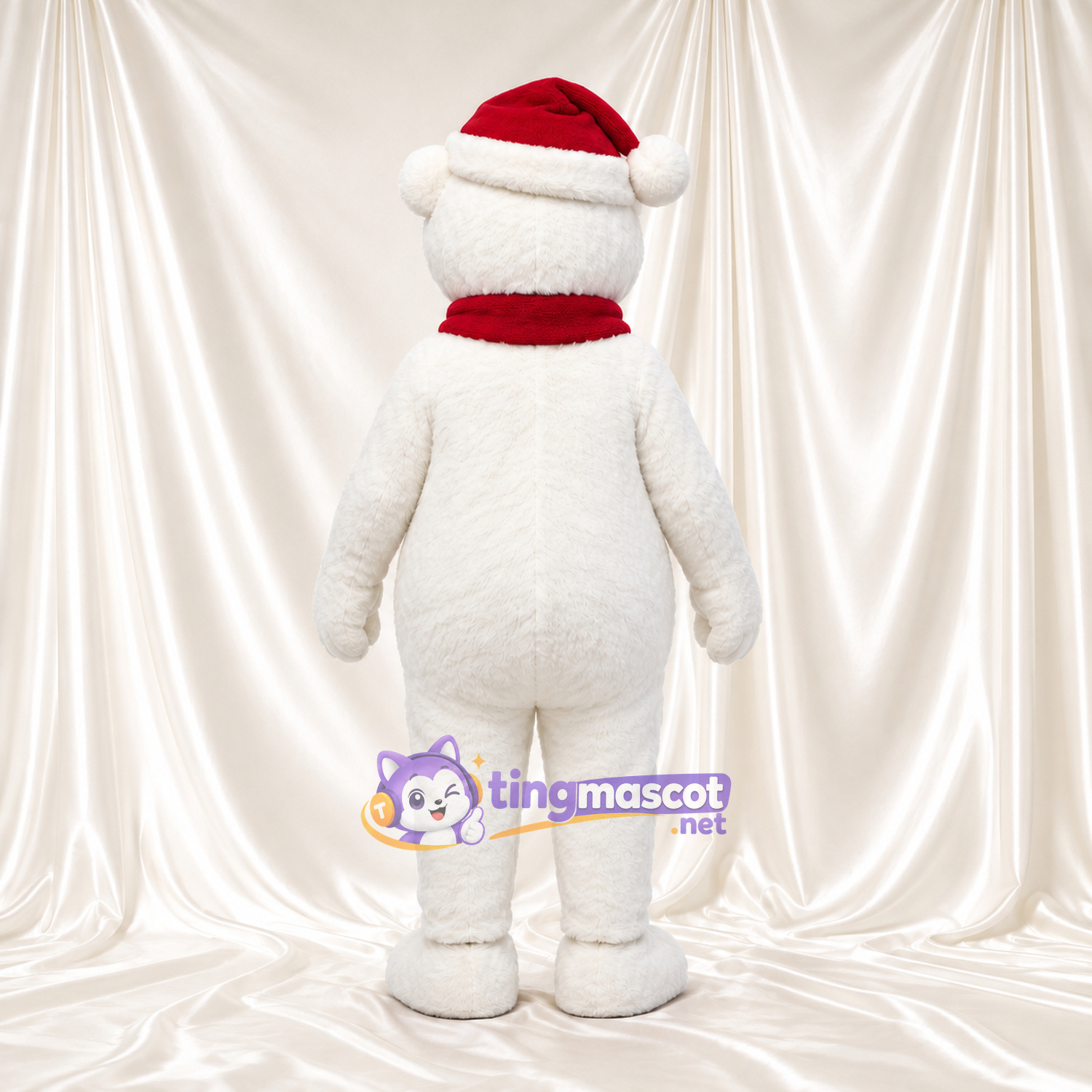 Maskottchenkostüm Bär – weiß – Weihnachtsmütze; Schal (lang, rot) Maskottchenkostüm Bär – weiß – Weihnachtsmütze; Schal (lang, rot)
