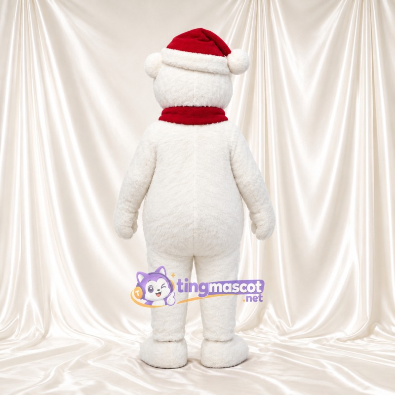 Maskottchenkostüm Bär – weiß – Weihnachtsmütze; Schal (lang, rot) Maskottchenkostüm Bär – weiß – Weihnachtsmütze; Schal (lang, rot)