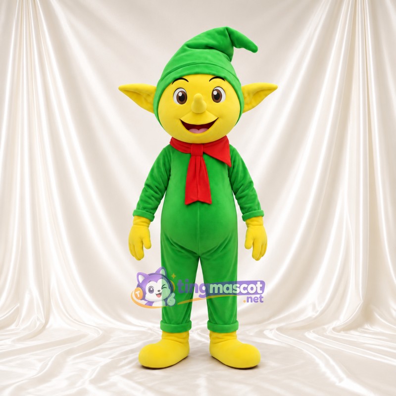 Yellow Elf Character Mascot Costume - Green Outfit and Red Scarf Yellow Elf Character Mascot Costume - Green Outfit and Red Scarf