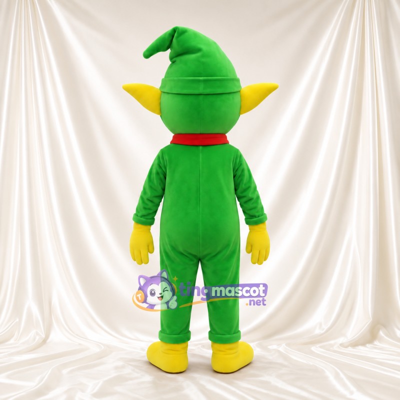 Yellow Elf Character Mascot Costume - Green Outfit and Red Scarf Yellow Elf Character Mascot Costume - Green Outfit and Red Scarf