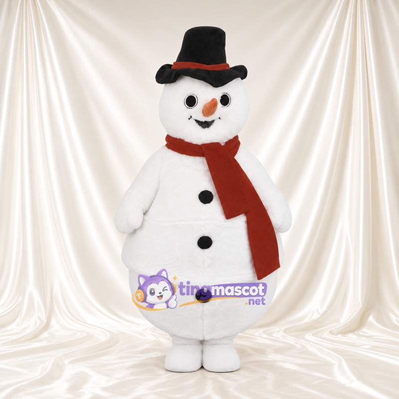 Snowman Mascot Costume - Black Top Hat and Brown Scarf Snowman Mascot Costume - Black Top Hat and Brown Scarf
