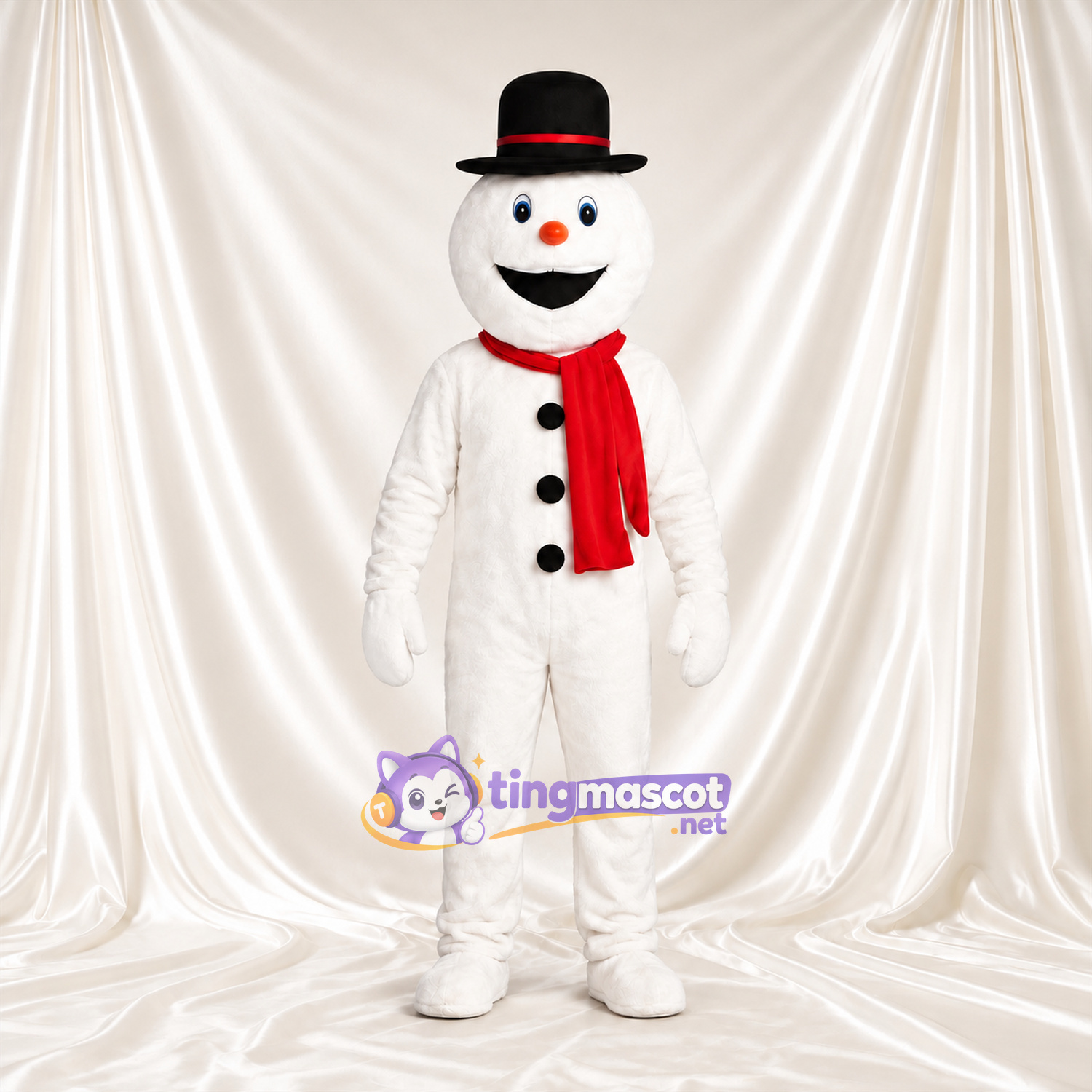 Snowman Mascot Costume - Black Hat and Short Red Scarf Snowman Mascot Costume - Black Hat and Short Red Scarf