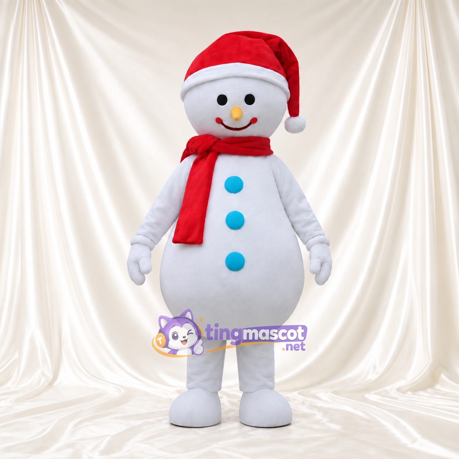 Costume de mascotte Bonhomme de neige – selon la photo – Boutons (bleu); Bonnet de Noël (rouge) Costume de mascotte Bonhomme de neige – selon la photo – Boutons (bleu); Bonnet de Noël (rouge)