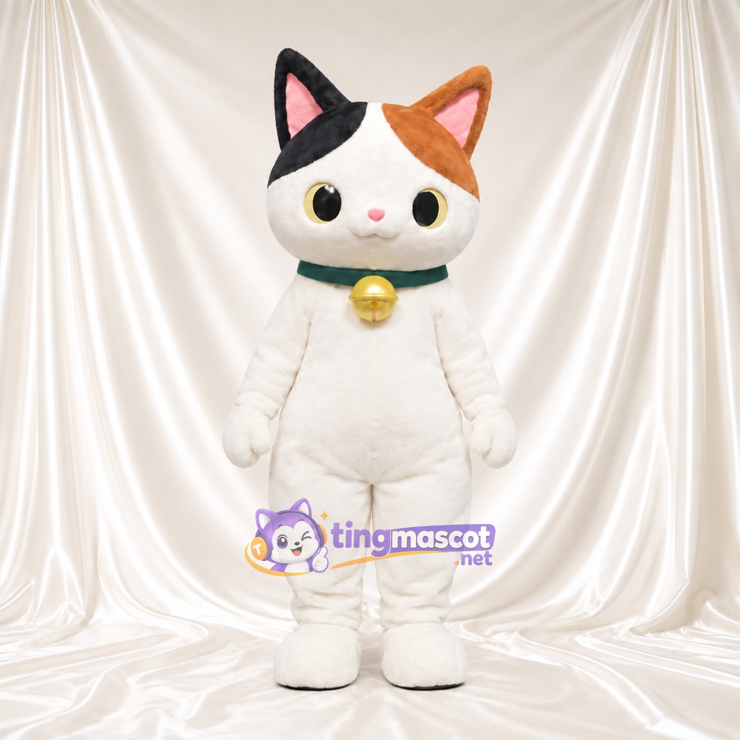 White Calico Cat Mascot Costume - Green Collar and Gold Bell White Calico Cat Mascot Costume - Green Collar and Gold Bell