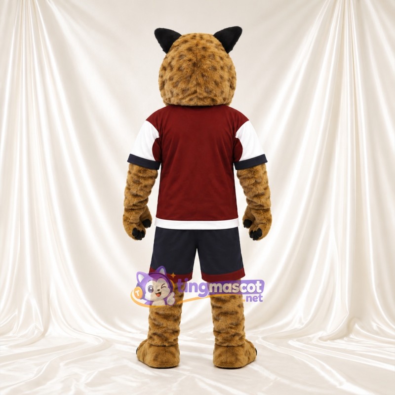 Costume de mascotte Lynx – brun clair – Maillot de sport (bordeaux); Short (noir) Costume de mascotte Lynx – brun clair – Maillot de sport (bordeaux); Short (noir)