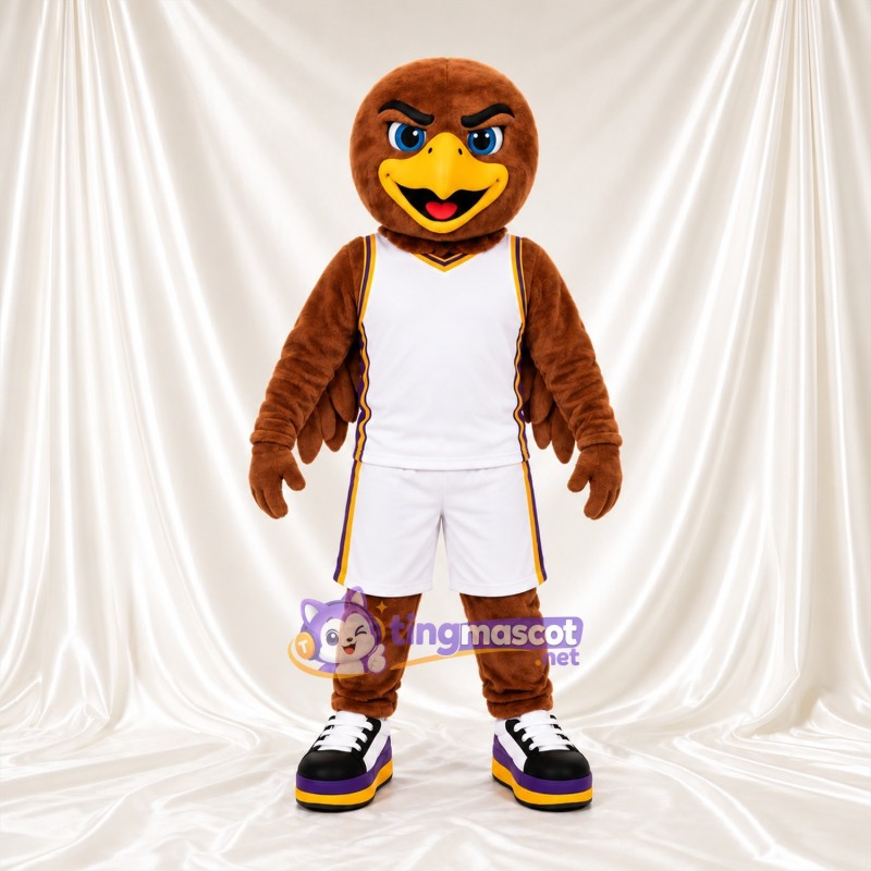Costume de mascotte Faucon – marron – Tenue de basket (blanc)