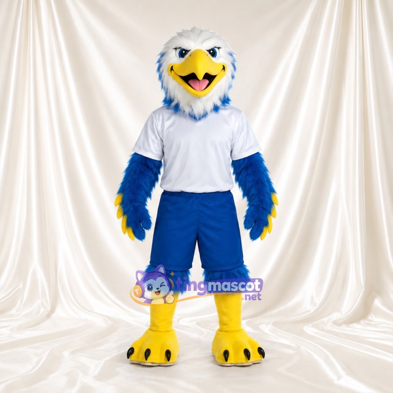 Costume de mascotte Pygargue à tête blanche – bleu – Maillot de sport (blanc); Short (bleu) Costume de mascotte Pygargue à tête blanche – bleu – Maillot de sport (blanc); Short (bleu)