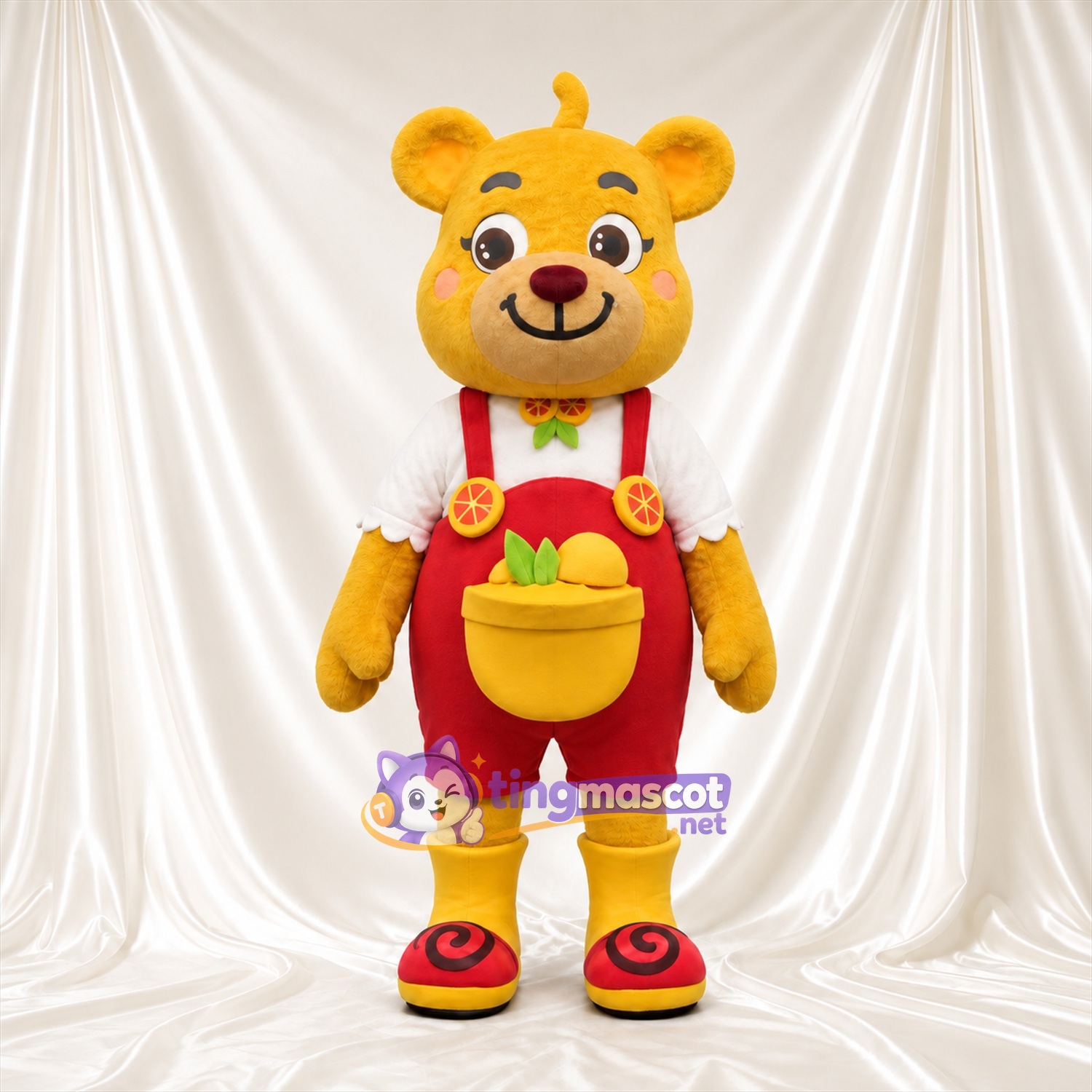 Golden Bear Mascot Costume - Red Overalls and Fruit Pocket Golden Bear Mascot Costume - Red Overalls and Fruit Pocket