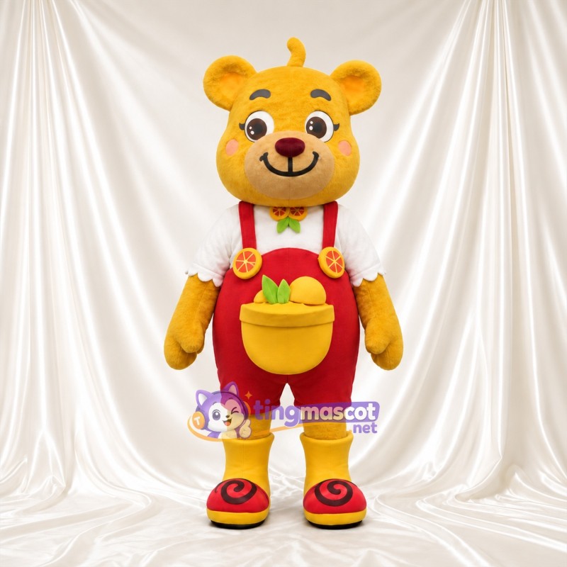 Golden Bear Mascot Costume - Red Overalls and Fruit Pocket Golden Bear Mascot Costume - Red Overalls and Fruit Pocket