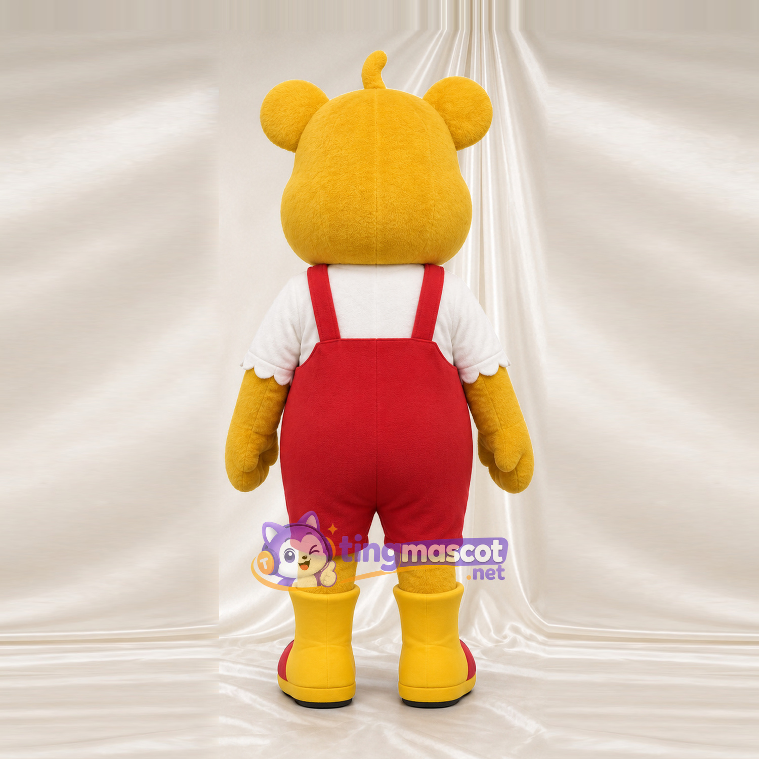 Golden Bear Mascot Costume - Red Overalls and Fruit Pocket Golden Bear Mascot Costume - Red Overalls and Fruit Pocket