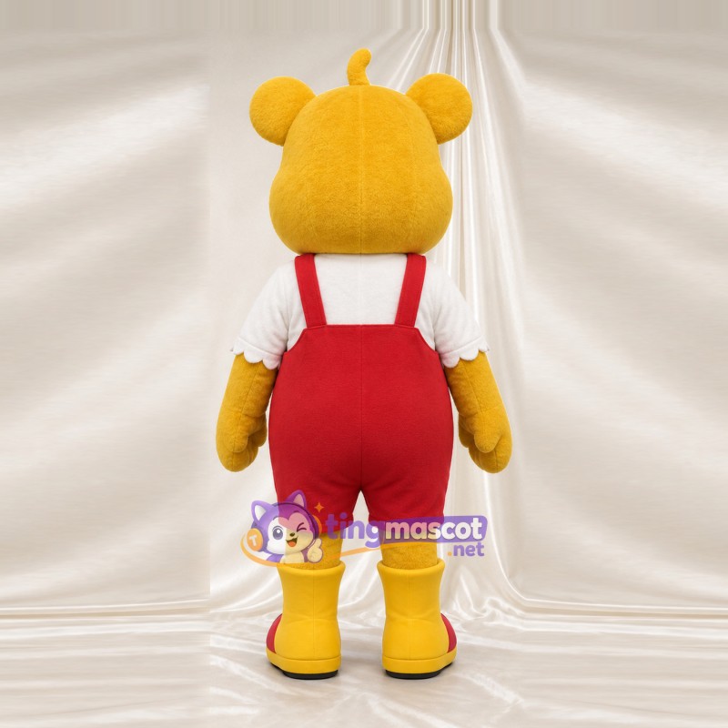 Golden Bear Mascot Costume - Red Overalls and Fruit Pocket Golden Bear Mascot Costume - Red Overalls and Fruit Pocket