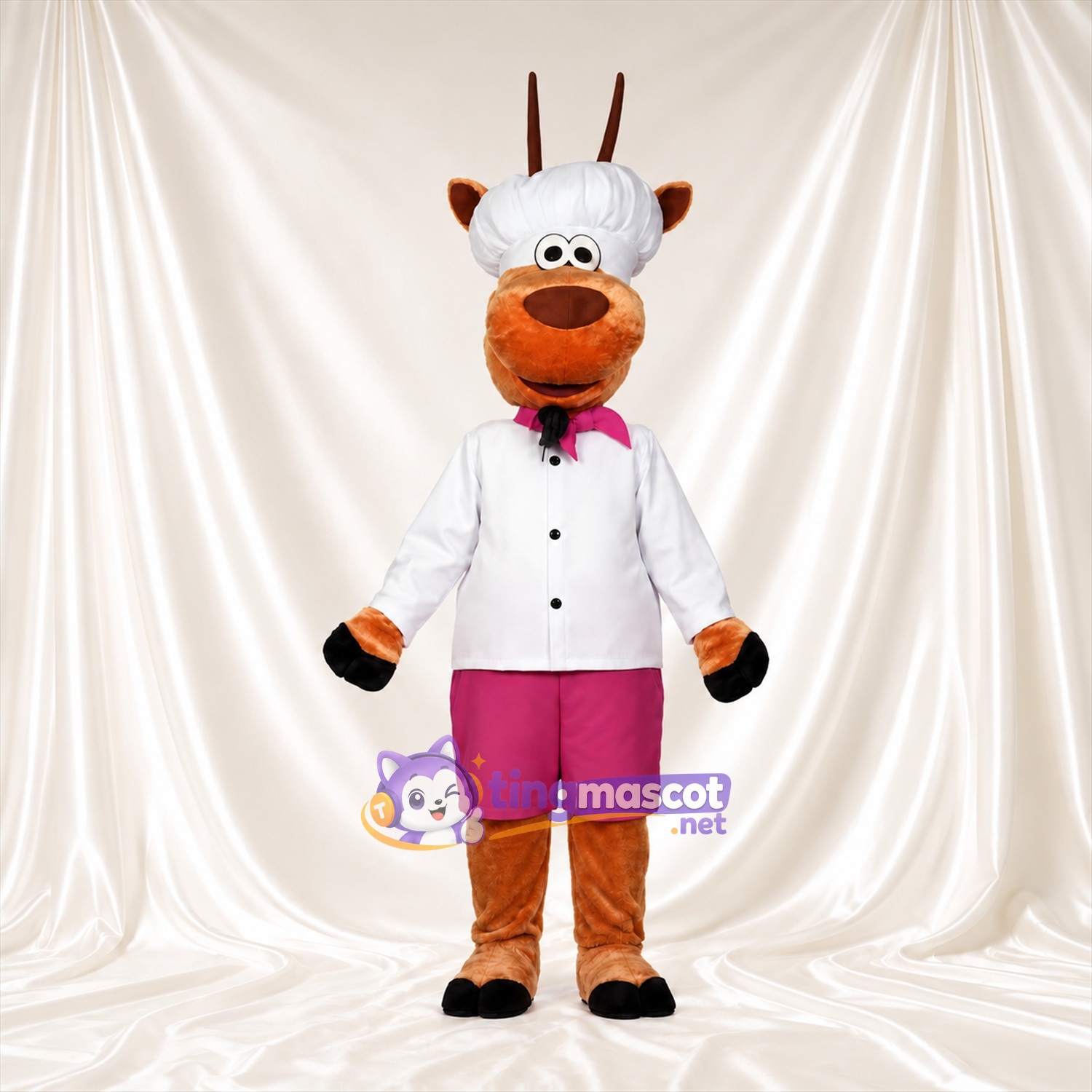Maskottchenkostüm Antilope – braun – Jacke (weiß); Shorts (rosa) Maskottchenkostüm Antilope – braun – Jacke (weiß); Shorts (rosa)