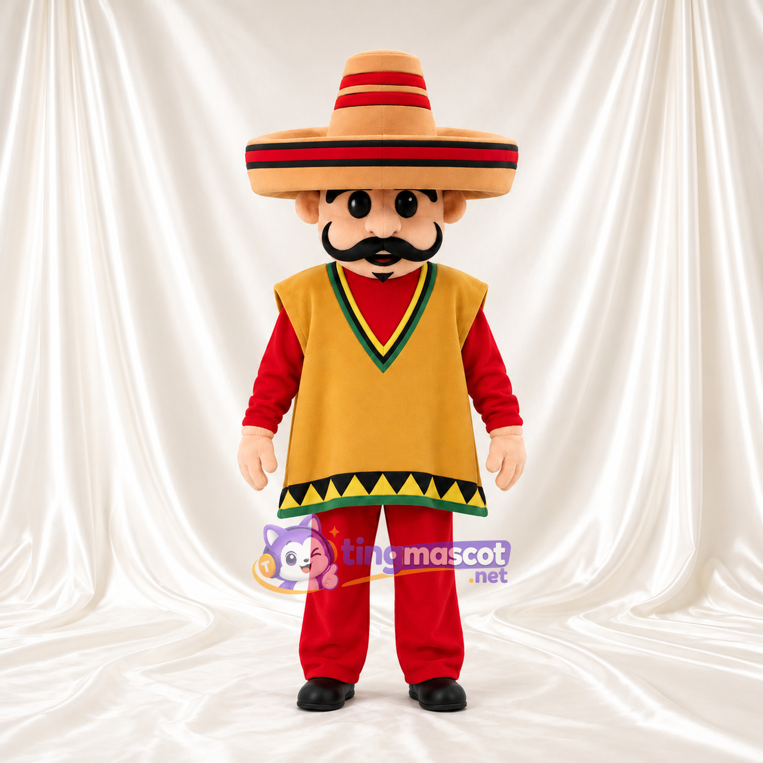 Maskottchenkostüm Figur mit Schnurrbart – wie abgebildet – Poncho (breit, goldfarben) Maskottchenkostüm Figur mit Schnurrbart – wie abgebildet – Poncho (breit, goldfarben)