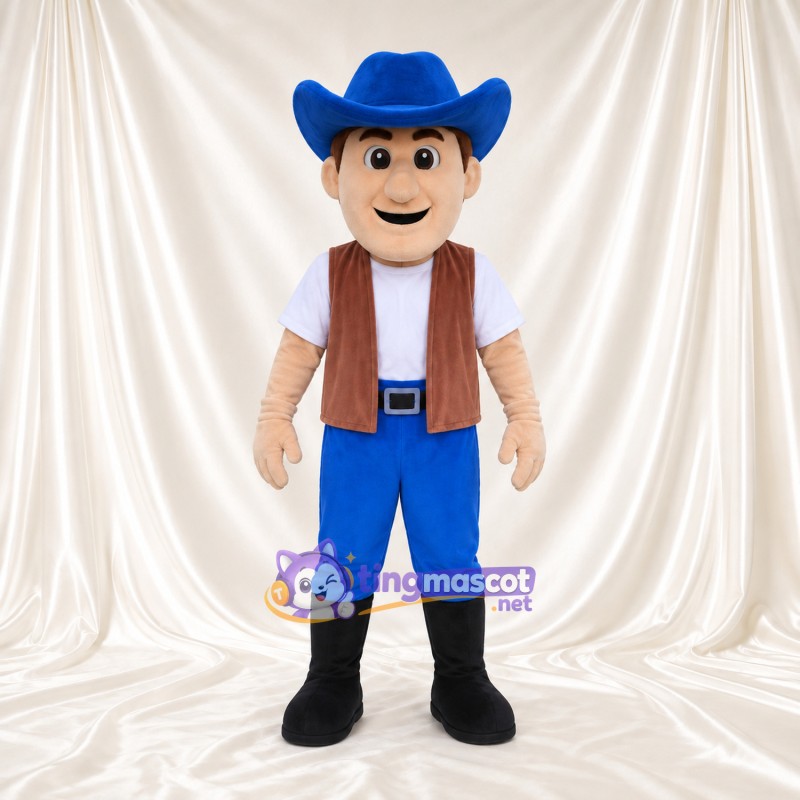 Costume de mascotte Personnage de cowboy – selon la photo – Chapeau (bleu); Gilet (marron) Costume de mascotte Personnage de cowboy – selon la photo – Chapeau (bleu); Gilet (marron)
