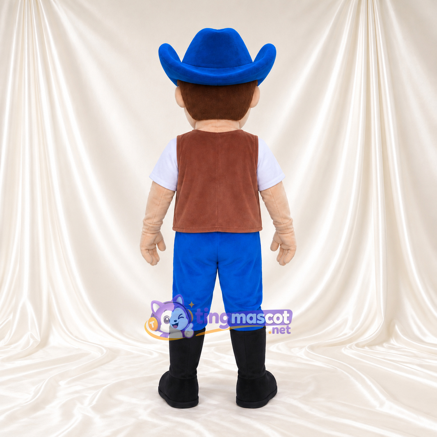 Costume de mascotte Personnage de cowboy – selon la photo – Chapeau (bleu); Gilet (marron) Costume de mascotte Personnage de cowboy – selon la photo – Chapeau (bleu); Gilet (marron)