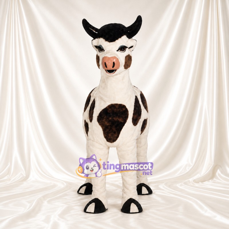 Black and White Bull Mascot Costume - Long Curved Horns and Pink Snout Black and White Bull Mascot Costume - Long Curved Horns and Pink Snout