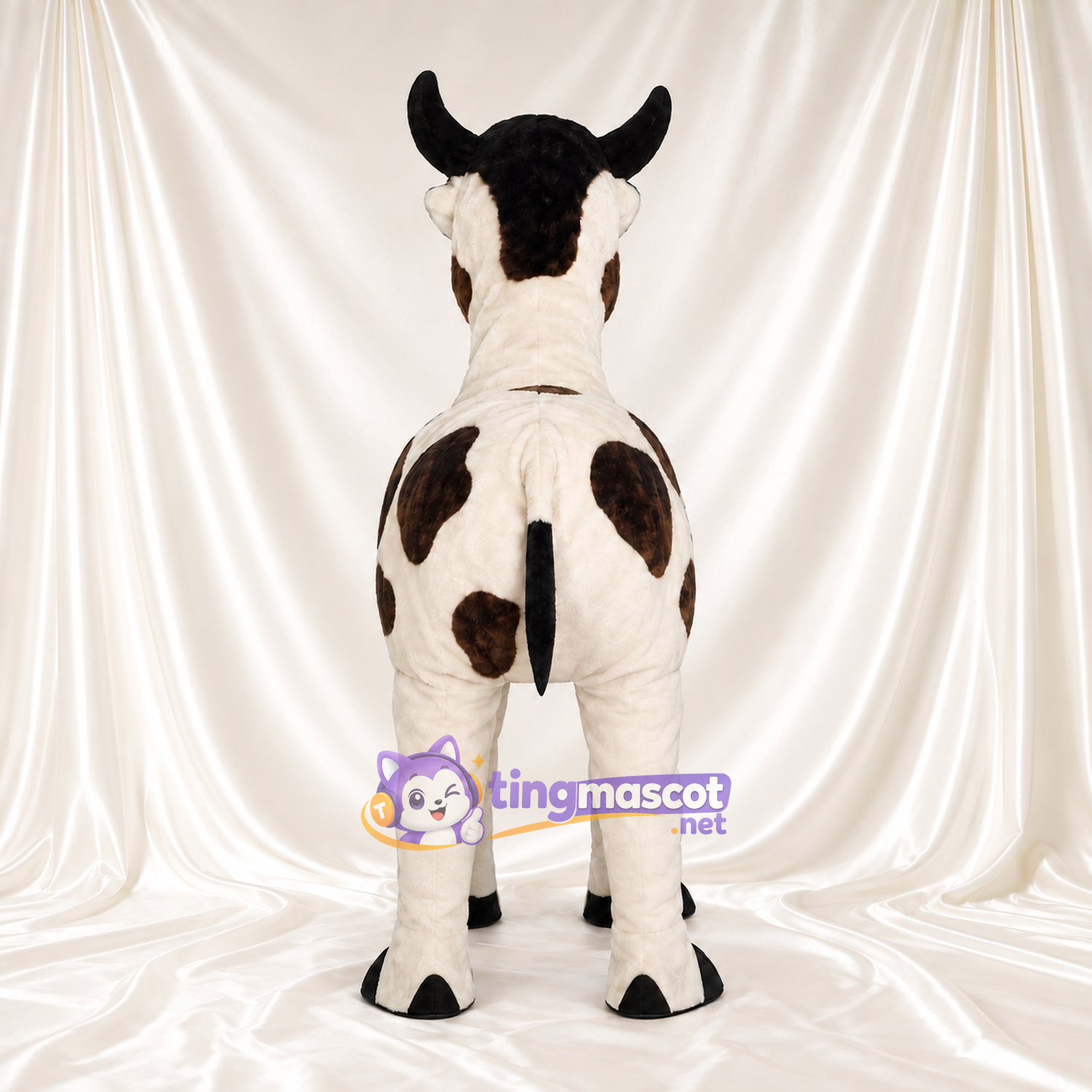 Black and White Bull Mascot Costume - Long Curved Horns and Pink Snout Black and White Bull Mascot Costume - Long Curved Horns and Pink Snout