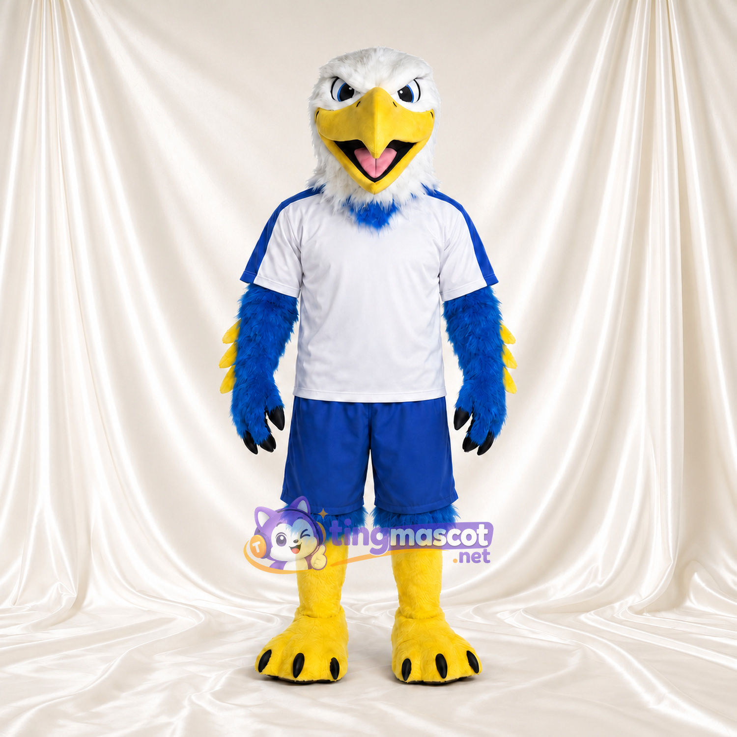 Costume de mascotte Pygargue à tête blanche – bleu – Maillot de sport (bleu, blanc) Costume de mascotte Pygargue à tête blanche – bleu – Maillot de sport (bleu, blanc)
