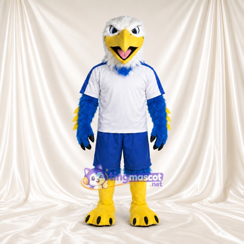 Costume de mascotte Pygargue à tête blanche – bleu – Maillot de sport (bleu, blanc) Costume de mascotte Pygargue à tête blanche – bleu – Maillot de sport (bleu, blanc)