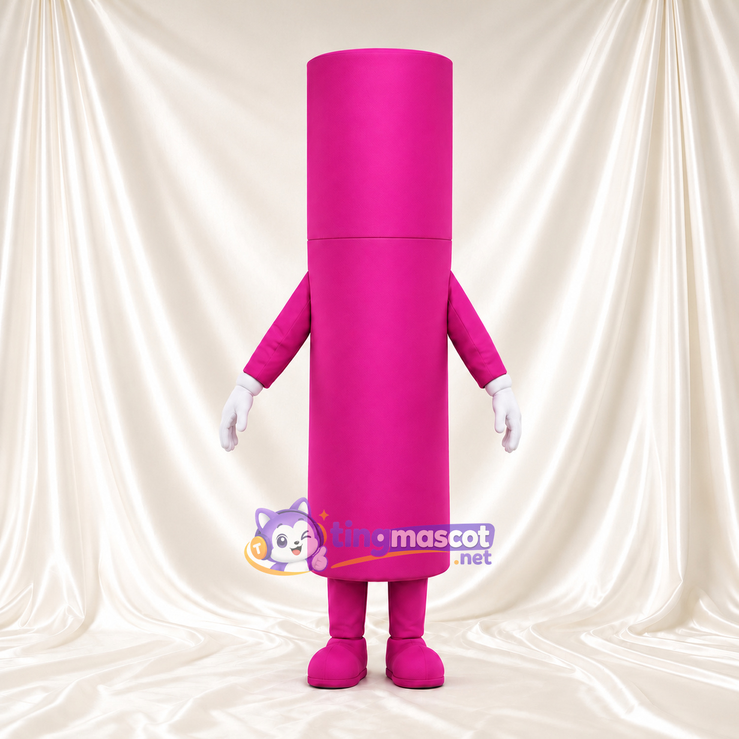 Pink Cosmetic Tube Mascot Costume - Tall Cylindrical Body and White Gloves Pink Cosmetic Tube Mascot Costume - Tall Cylindrical Body and White Gloves