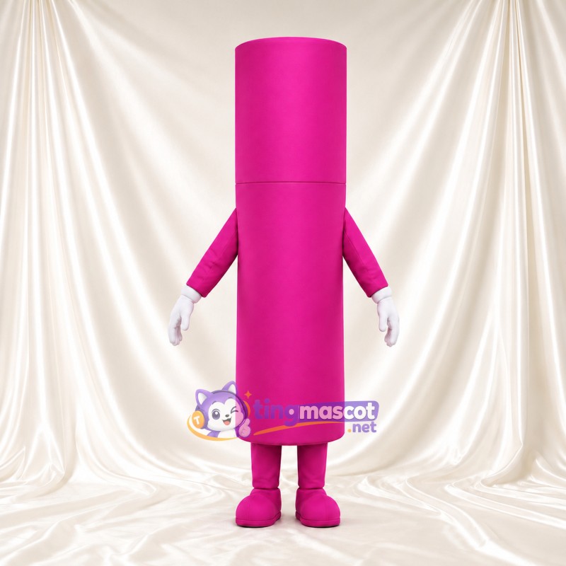 Pink Cosmetic Tube Mascot Costume - Tall Cylindrical Body and White Gloves Pink Cosmetic Tube Mascot Costume - Tall Cylindrical Body and White Gloves