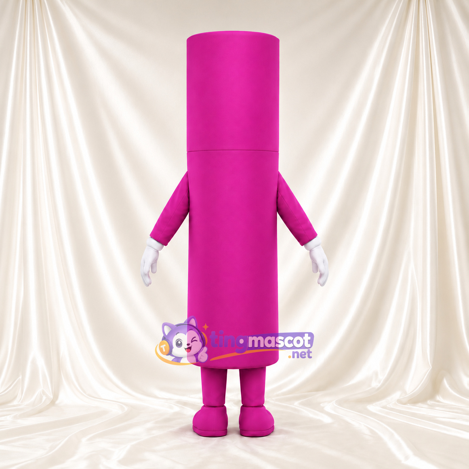 Pink Cosmetic Tube Mascot Costume - Tall Cylindrical Body and White Gloves Pink Cosmetic Tube Mascot Costume - Tall Cylindrical Body and White Gloves